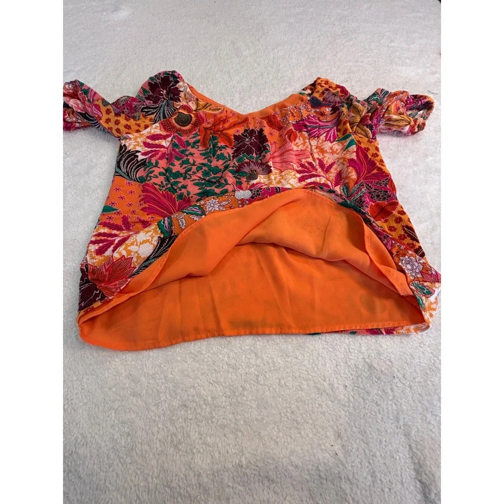 Loft Petites XXSP Floral Patchwork Puff Sleeve‎ Blouse Orange Pink Boho Top